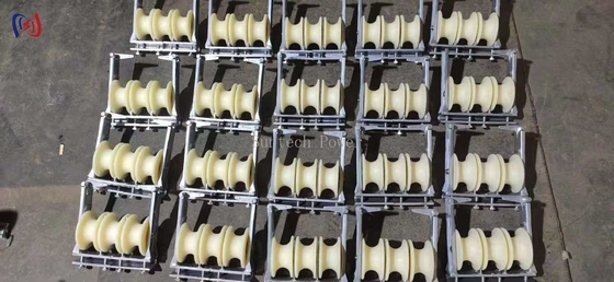Efficiënt trekken van drie bundels van kleine dwarsdoorsnede draden met geleider stringing blokken